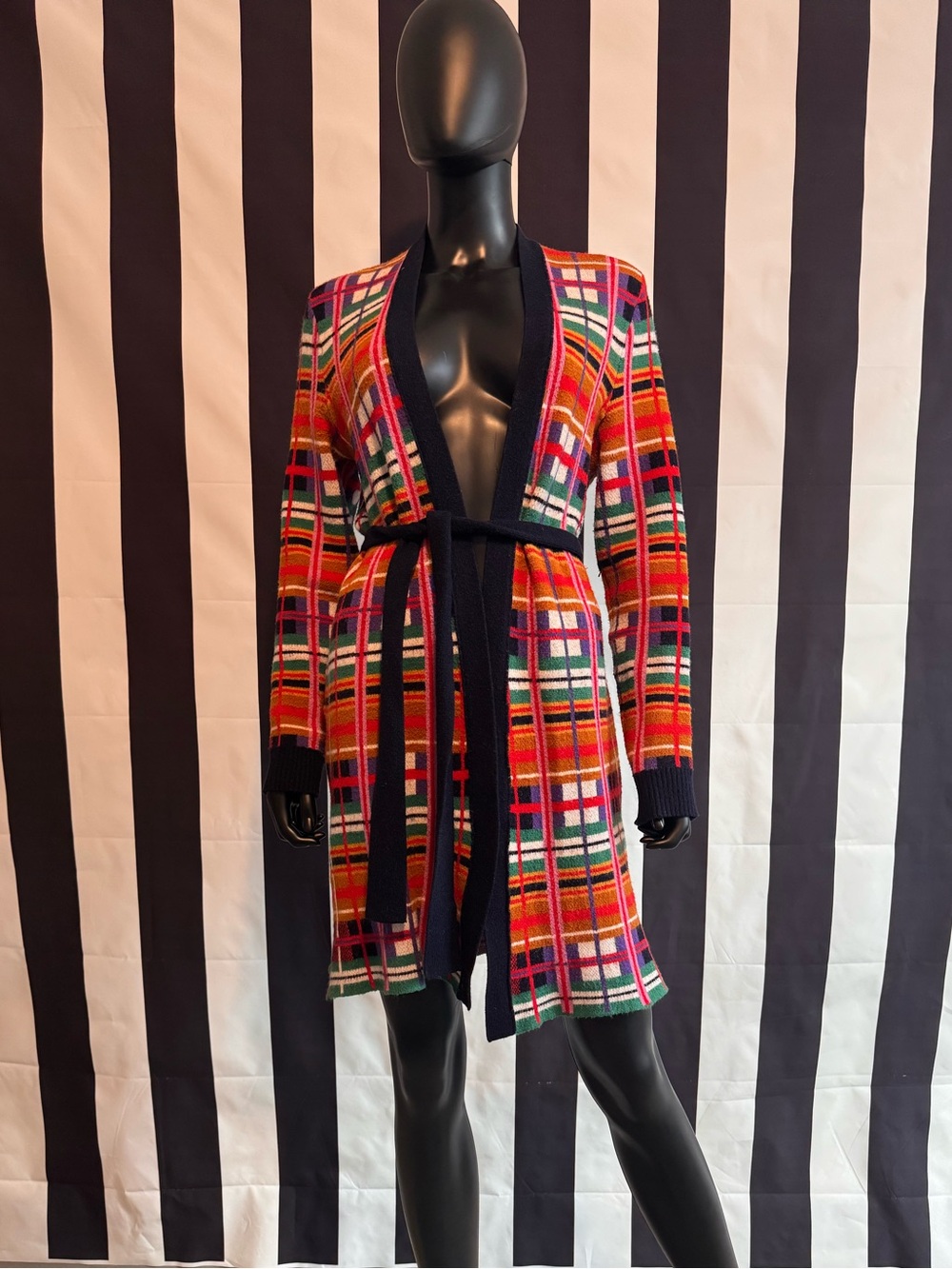 Moth Multicolor Plaid Belted Cardigan with Navy Trim